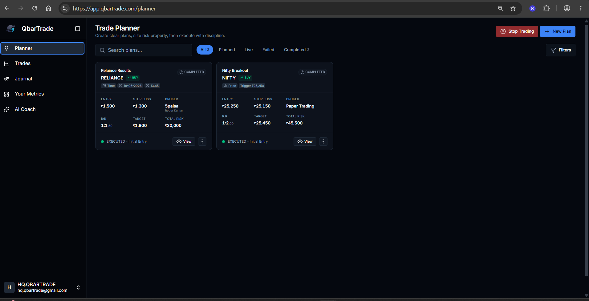 Create Plan form with entry, stop loss, target, emotional tag, strategy